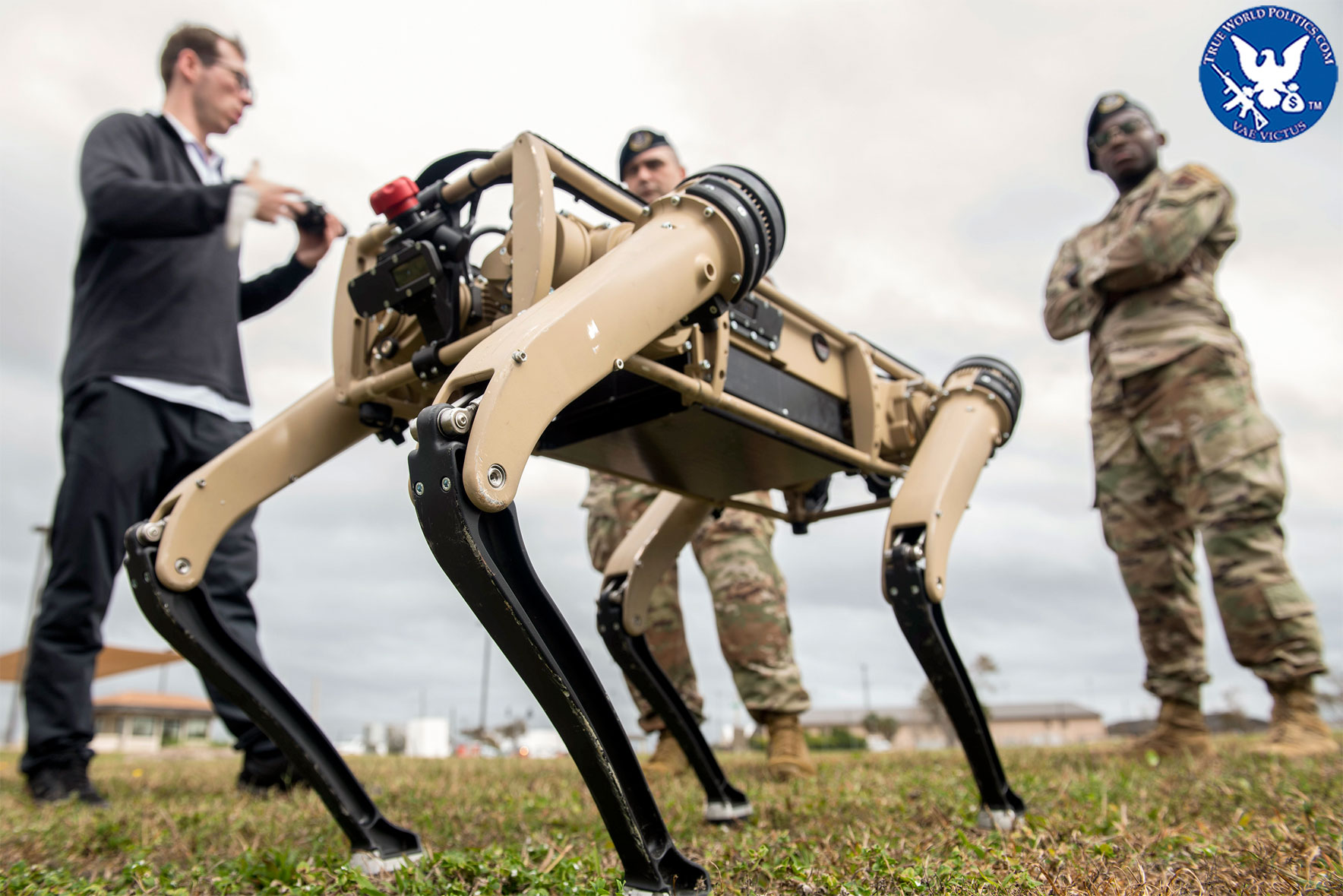 Airmen watch a test of an unmanned ground vehicle at Tyndall Air Force Base, Florida. - Similar to Boston Dynamics 'Spot' robot