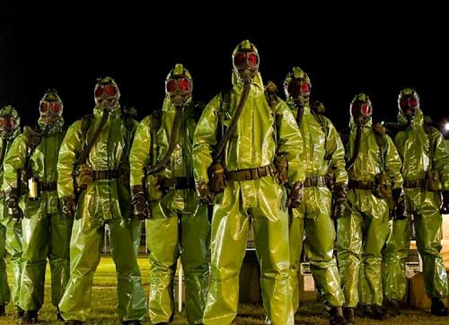 soldiers in yellow bio-hazzard suits